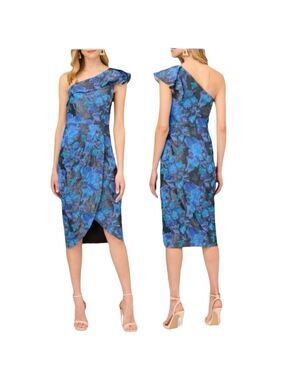 AIDAN MATTOX by ADRIANNA PAPELL Stretch Jacquard Midi Dress Blue Metallic Sz 16